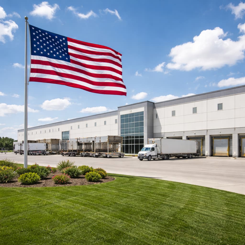 a production facility with a large American flag out front